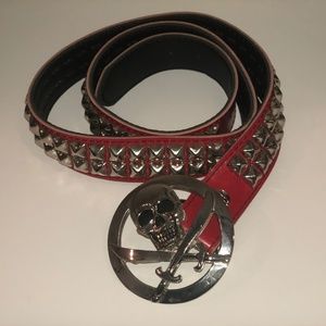 red 2 row leather pyramid belt with pirate buckle
